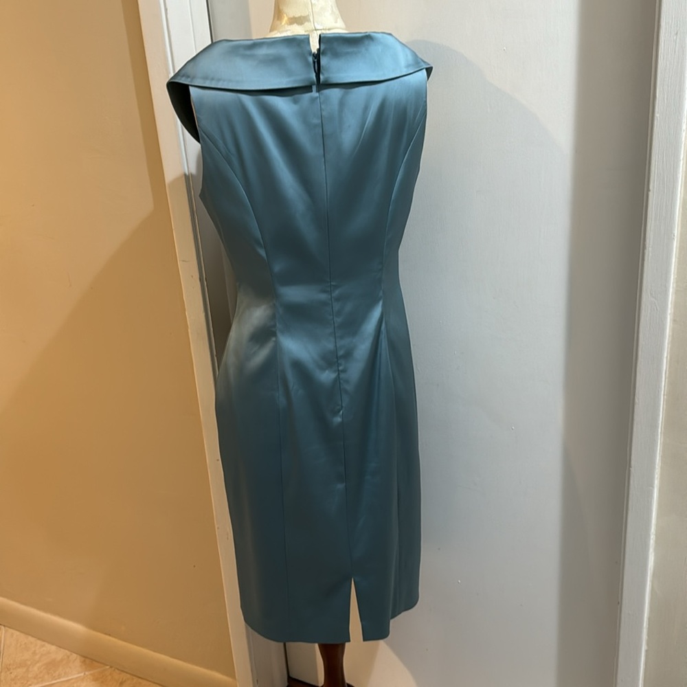 Silk Misty Blue Portrait Collar Ruched Sleeveless Tea Length Dress 10 - Picture 7 of 14